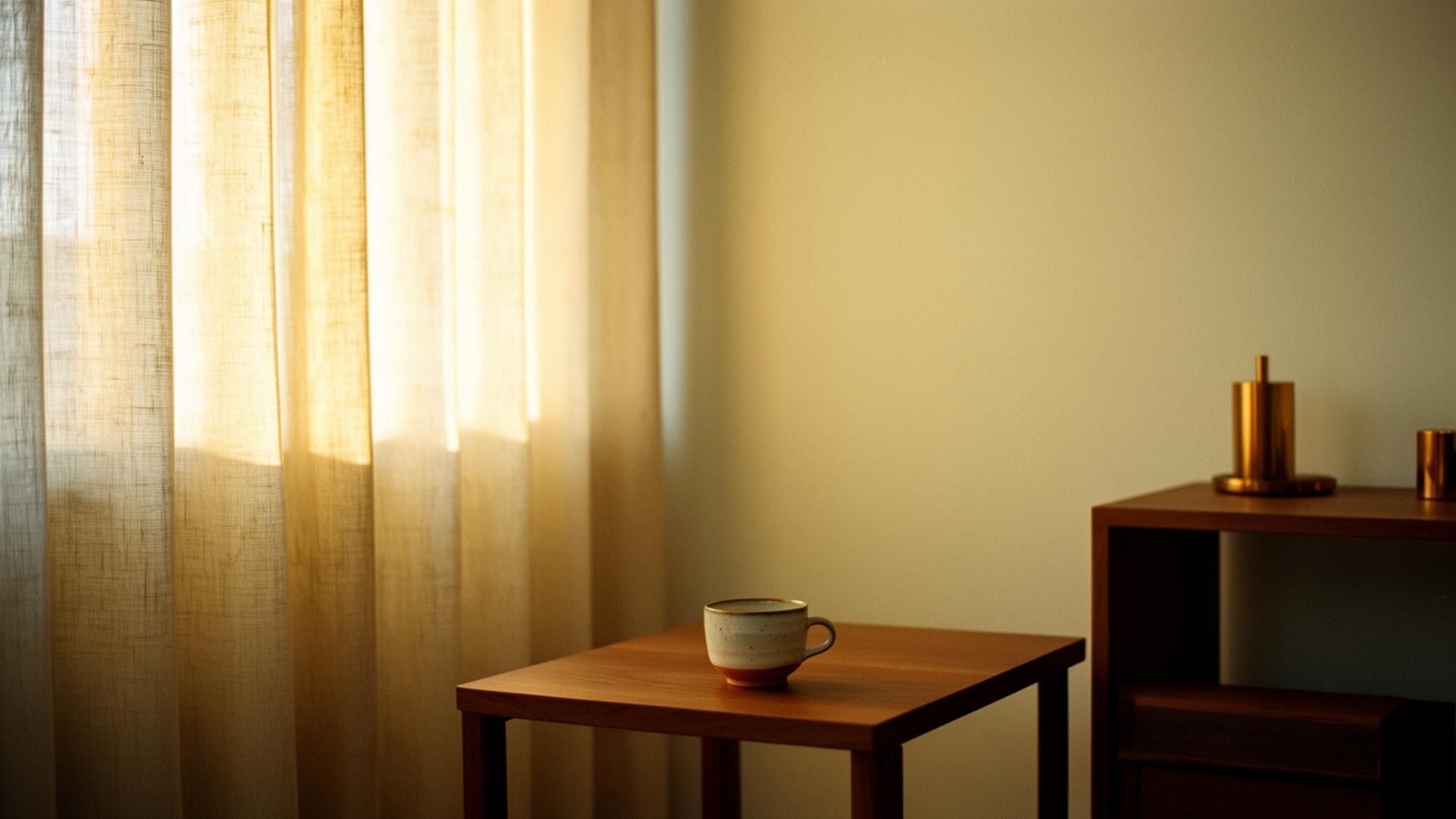 Single ceramic cup on a small wooden table beside linen curtains in golden light