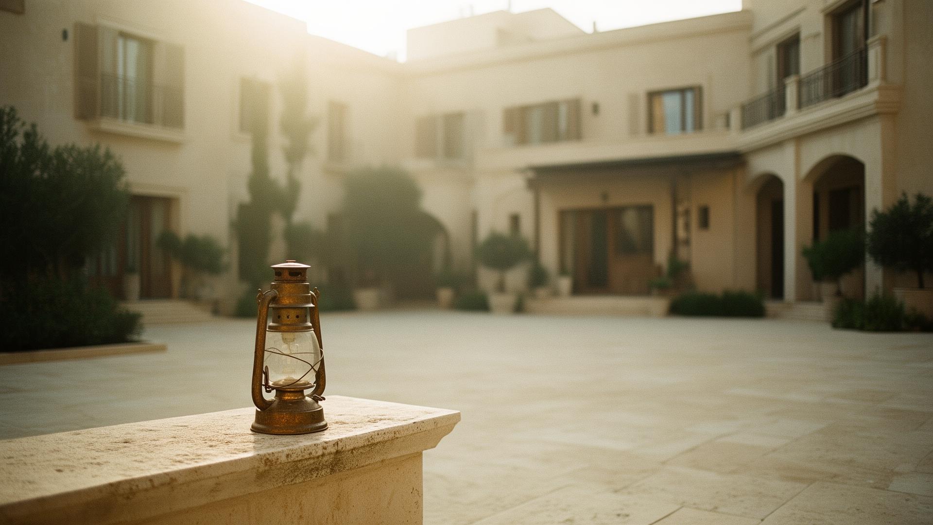 Brass oil lamp in a quiet hotel courtyard at sunrise