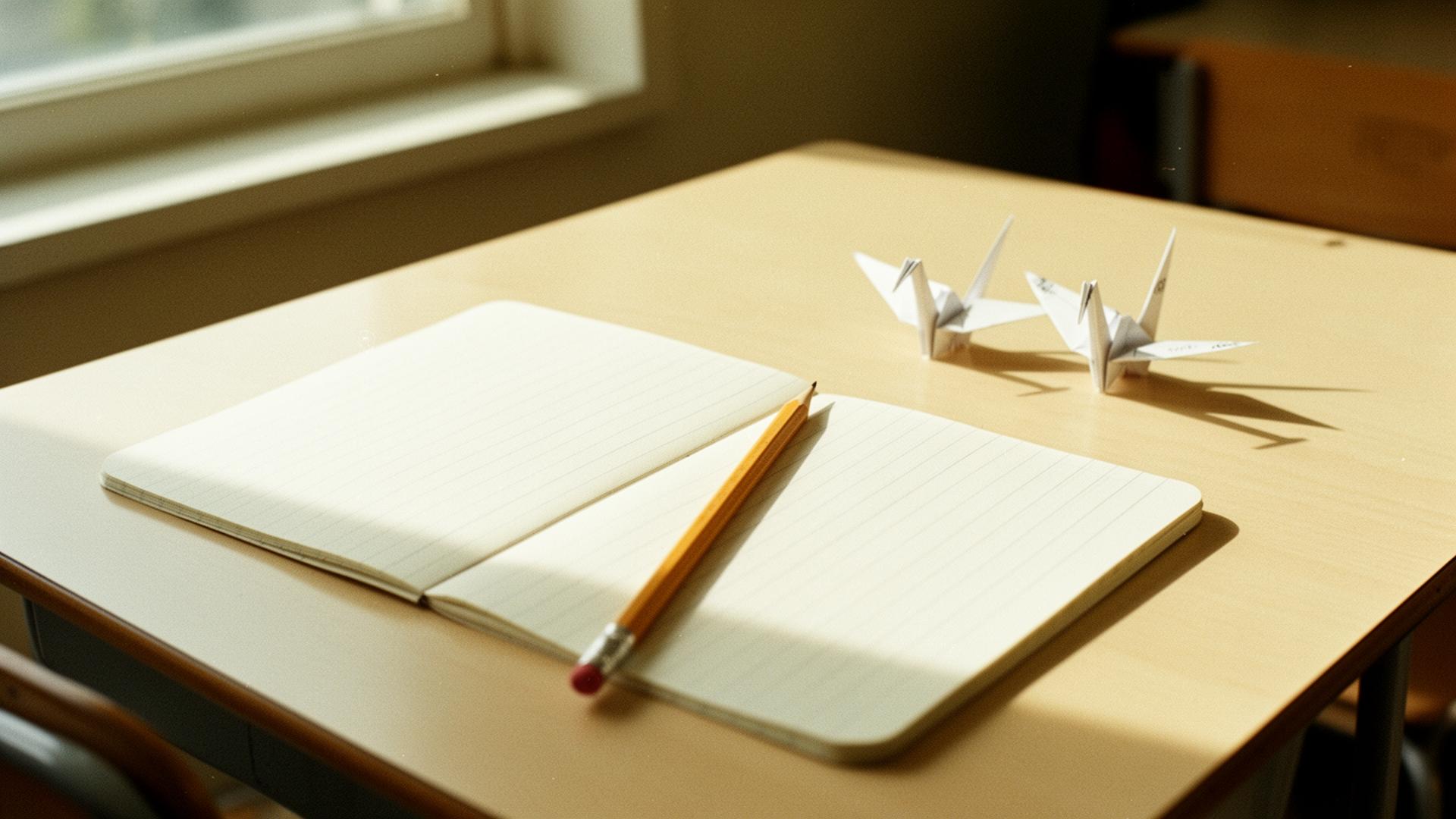 Open notebook and pencil on a sunlit classroom desk with paper cranes