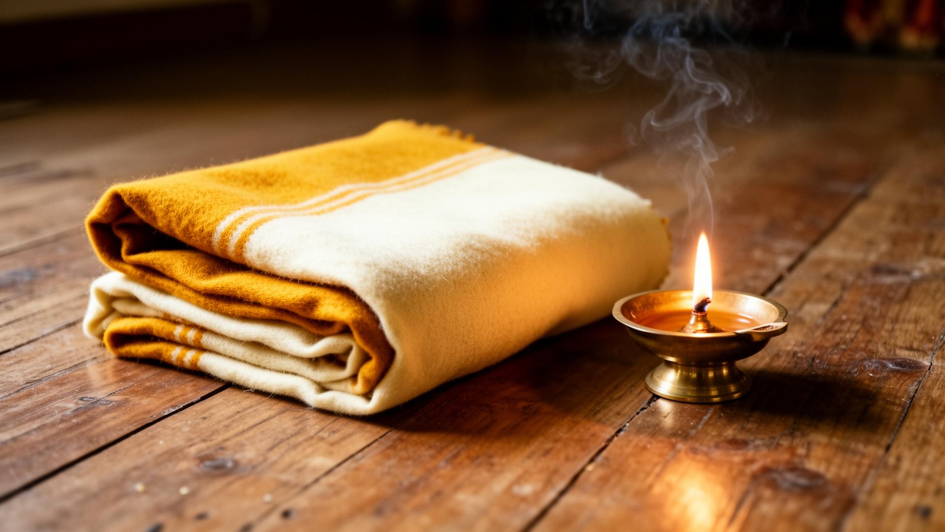 Folded saffron shawl beside a small brass oil lamp on warm wooden floor